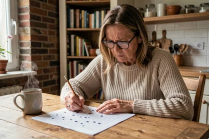 Femme belge résolvant des mots croisés avec une grille de puzzle et un crayon sur une table en bois dans un intérieur chaleureux