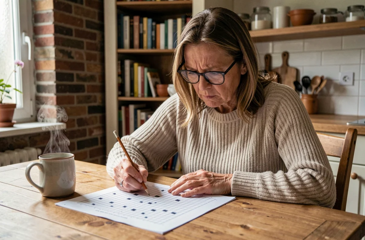 Femme belge résolvant des mots croisés avec une grille de puzzle et un crayon sur une table en bois dans un intérieur chaleureux