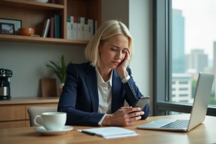Femme d'affaires réfléchissant avec smartphone dans une cuisine