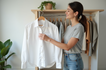 Femme en train de plier une chemise blanche dans une chambre ordonnee