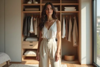 Femme élégante choisissant une tenue minimaliste dans son dressing