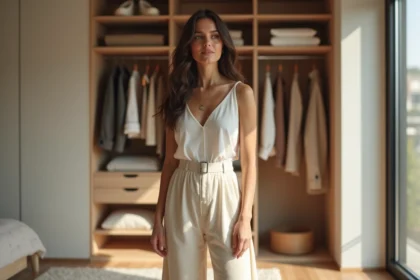 Femme élégante choisissant une tenue minimaliste dans son dressing