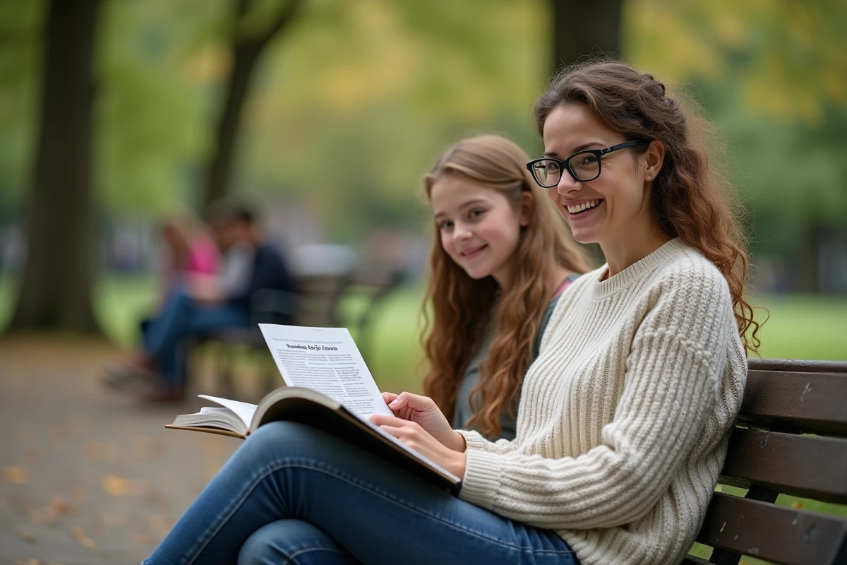 Femme souriante discutant avec une adolescente dans un parc avec livre Warhammer