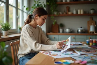 Femme choisissant un kit peinture par numeros dans une cuisine lumineuse