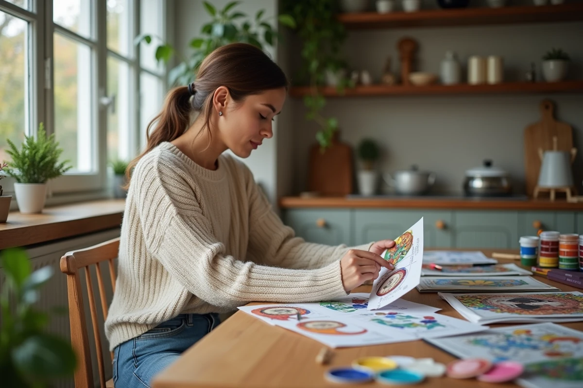Femme choisissant un kit peinture par numeros dans une cuisine lumineuse