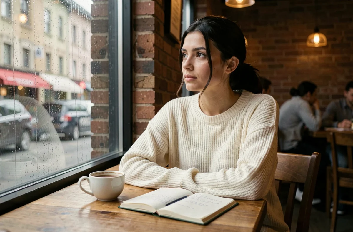 Jeune femme pensive dans un café regardant par la fenêtre sous la pluie, évoquant l'attente et la réflexion spirituelle liées aux flammes jumelles