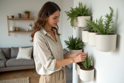 Femme arrangeant des plantes dans un mur végétal intérieur