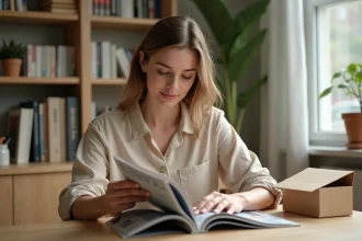 Femme découvrant un magazine Garan Cedore reçu en précommande à son bureau à domicile