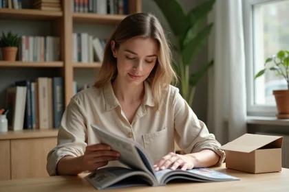 Femme découvrant un magazine Garan Cedore reçu en précommande à son bureau à domicile