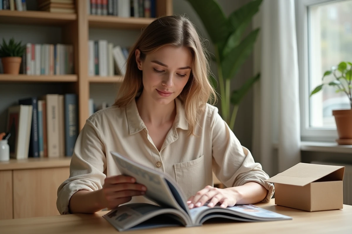 Femme découvrant un magazine Garan Cedore reçu en précommande à son bureau à domicile