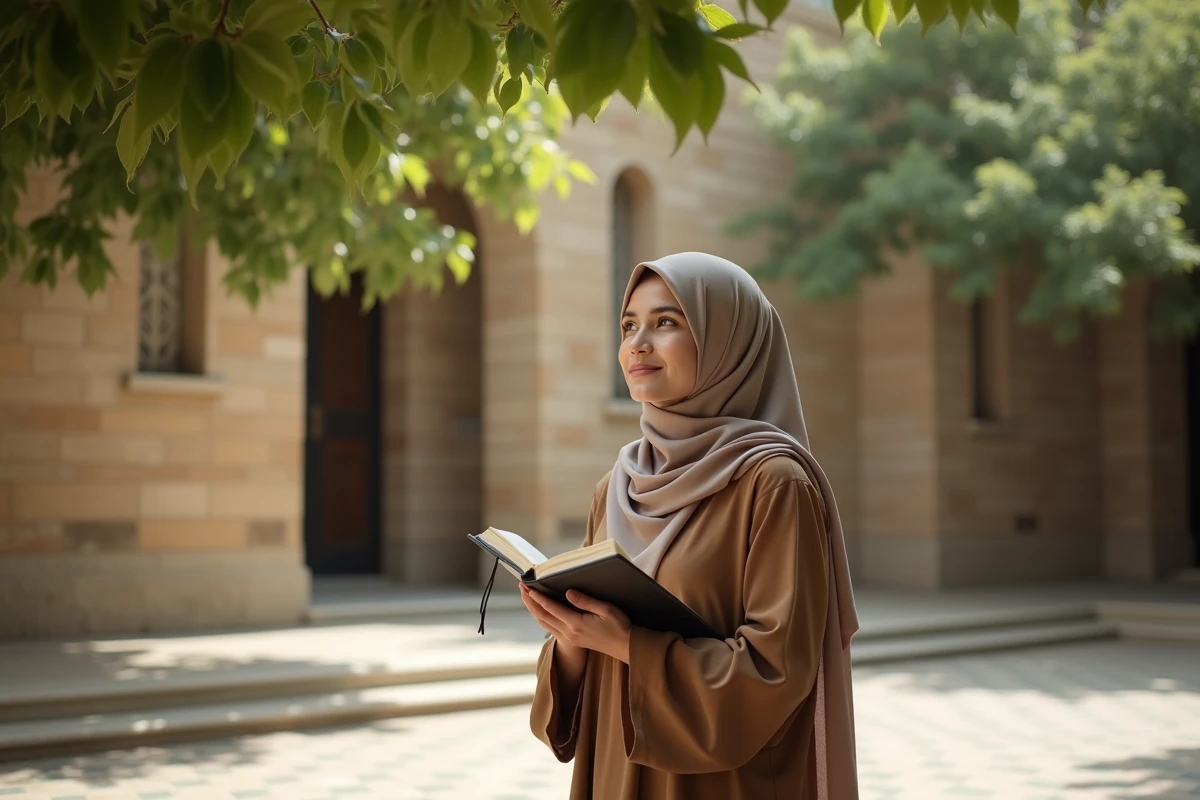 Jeune femme avec hijab tenant un Quran en plein air