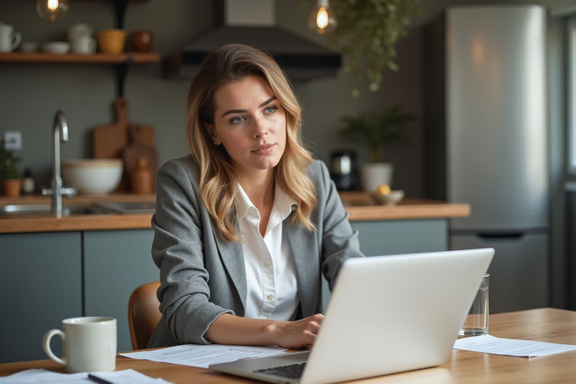 Femme en intérieur étudiant un simulateur de prêt immobilier