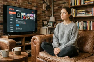 Jeune femme regardant une série Netflix sur son canapé dans un appartement urbain cosy, illustrant la réception critique de A House of Dynamite