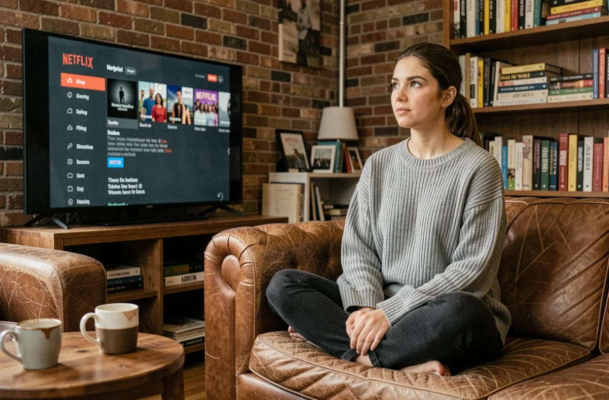 Jeune femme regardant une série Netflix sur son canapé dans un appartement urbain cosy, illustrant la réception critique de A House of Dynamite