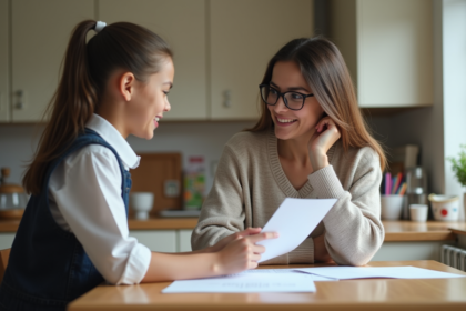 Femme et fille en cuisine pour étude et soutien scolaire