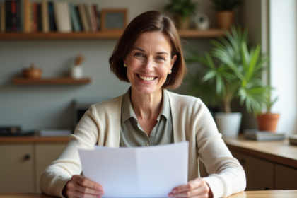 Femme d'âge moyen souriante examine des documents fiscaux à la maison