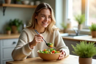 Femme dégustant une salade dans une cuisine lumineuse