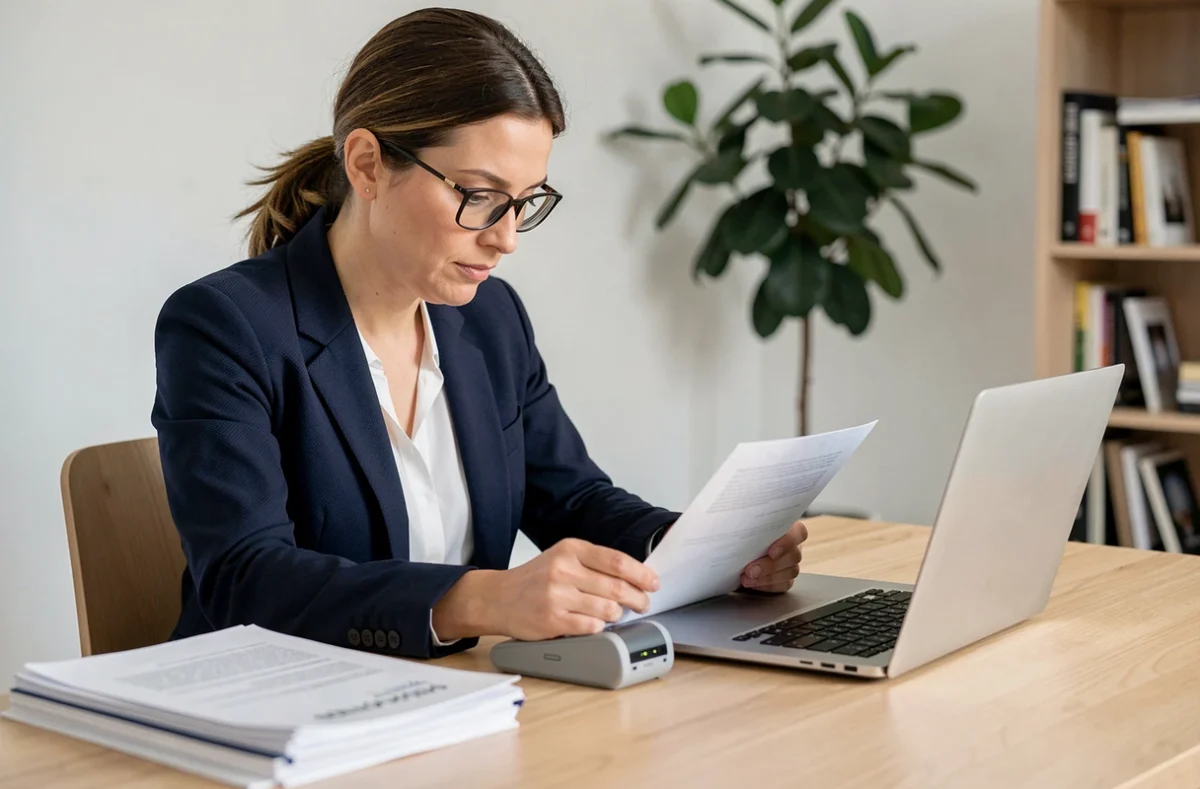 Femme utilisant un scanner portable de manière discrète dans un bureau à domicile moderne