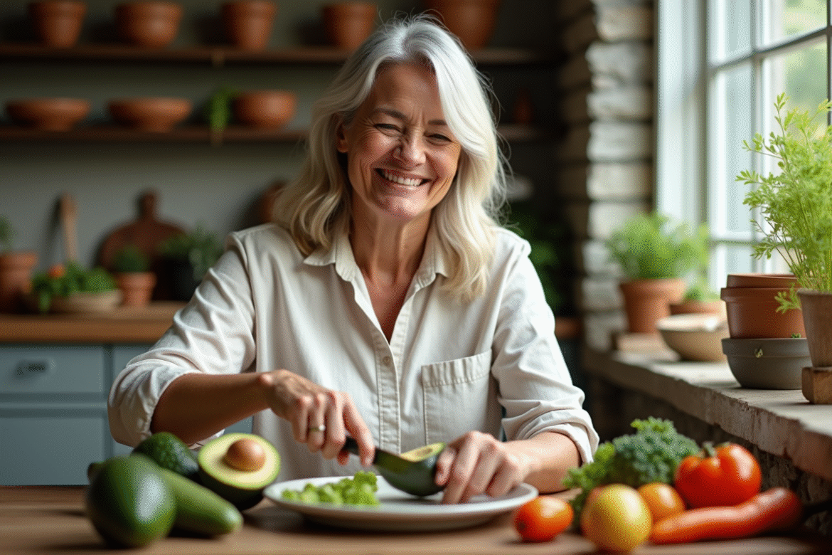 Femme d'âge moyen coupant un avocat dans une cuisine chaleureuse
