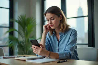 Femme regardant son smartphone avec 21h21