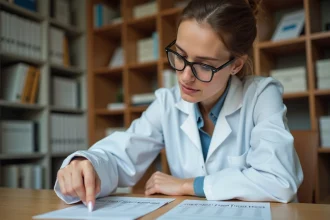 Femme en blouse blanche analysant un tableau de conversion pieds en centimètres sur un bureau en bois