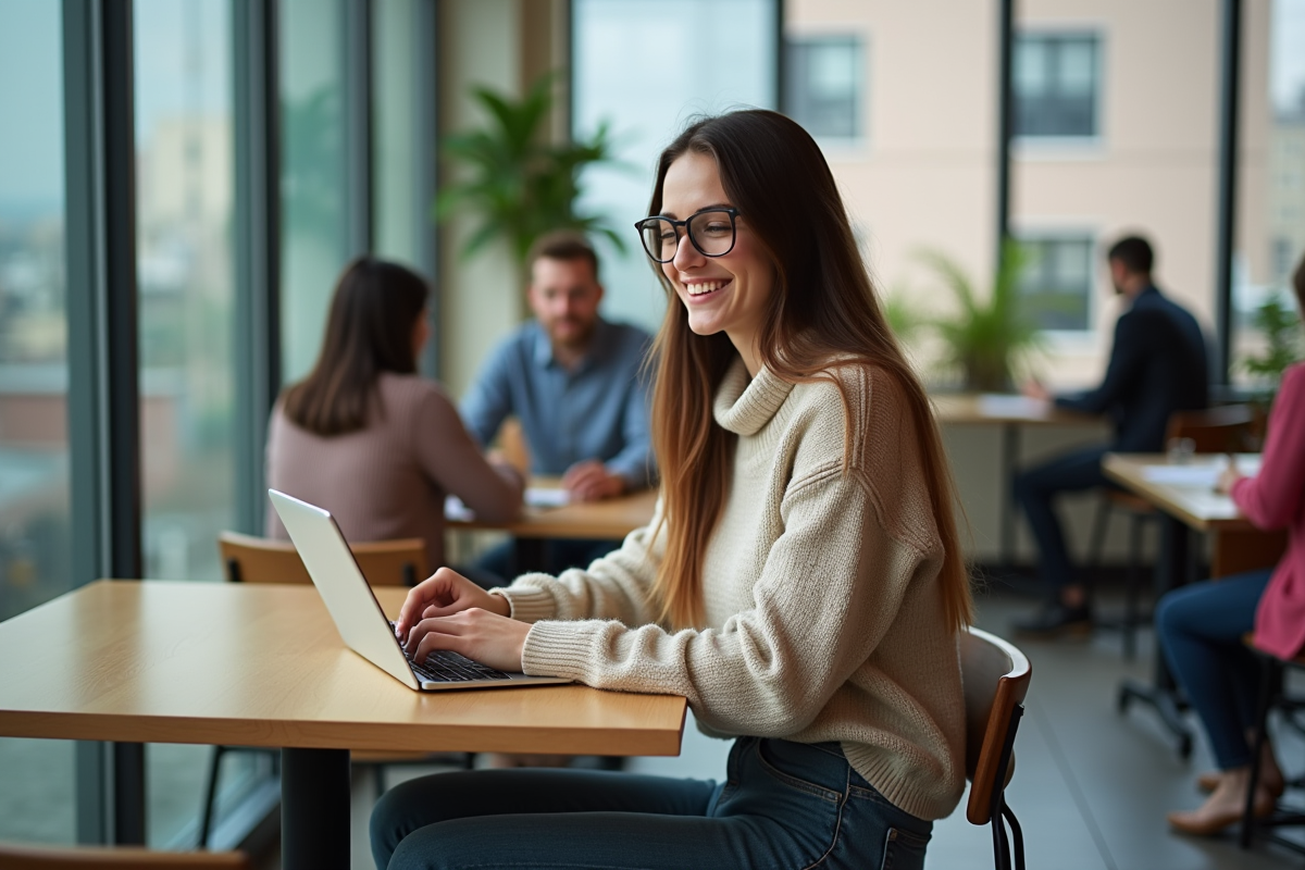 Jeune femme utilisant une tablette dans espace de coworking