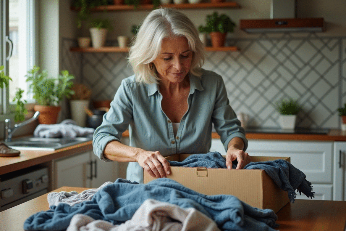 Femme triant des vêtements usés sur une table de cuisine