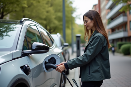 Femme branchant une voiture hybride en ville