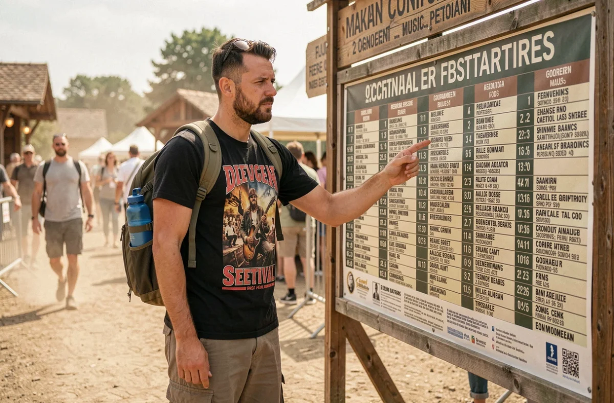 Festivalier consultant l'affiche officielle de la programmation des Vieilles Charrues 2026 à l'entrée du site