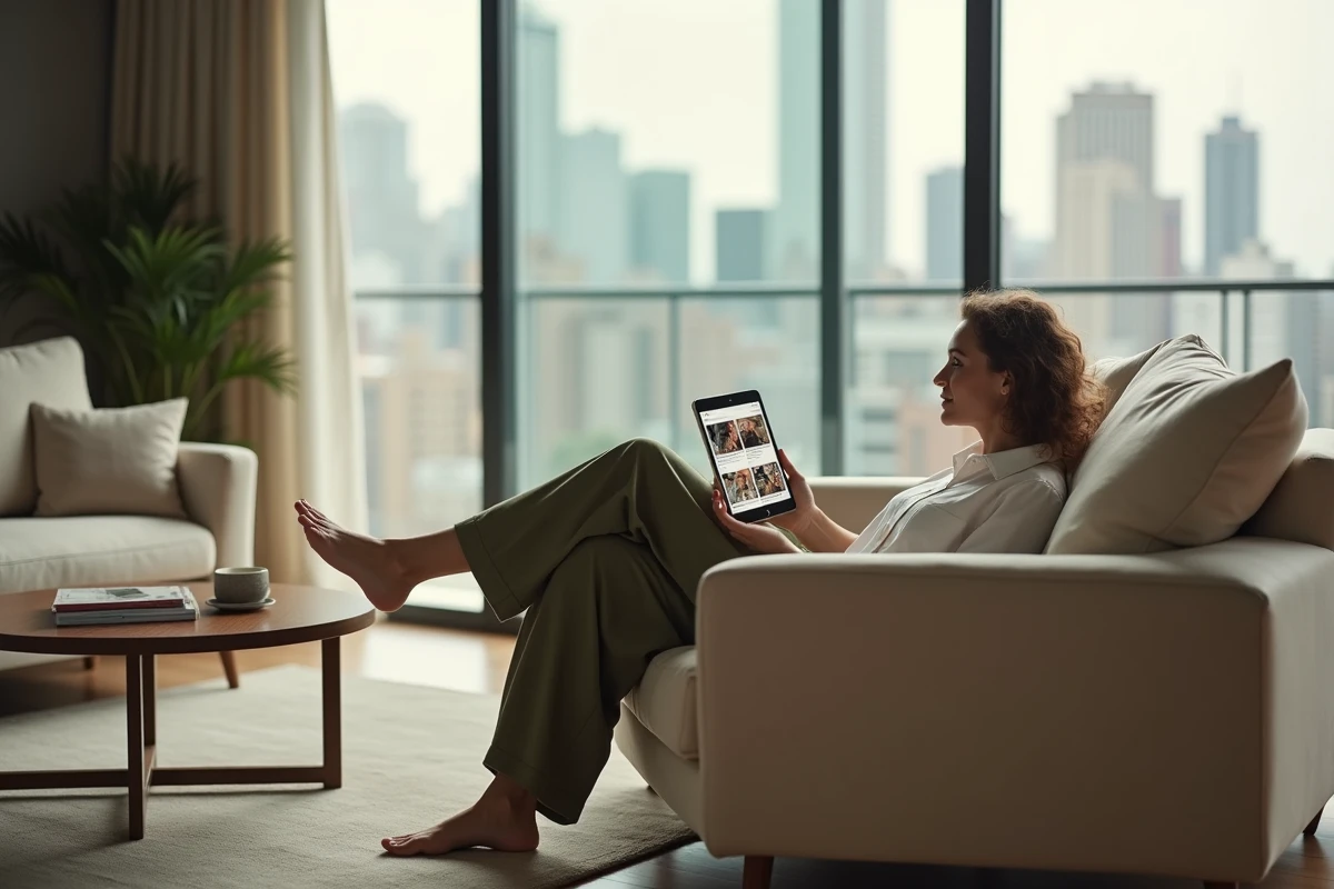 Femme consultant un fil d'actualité peoples personnalisé sur tablette dans un salon moderne
