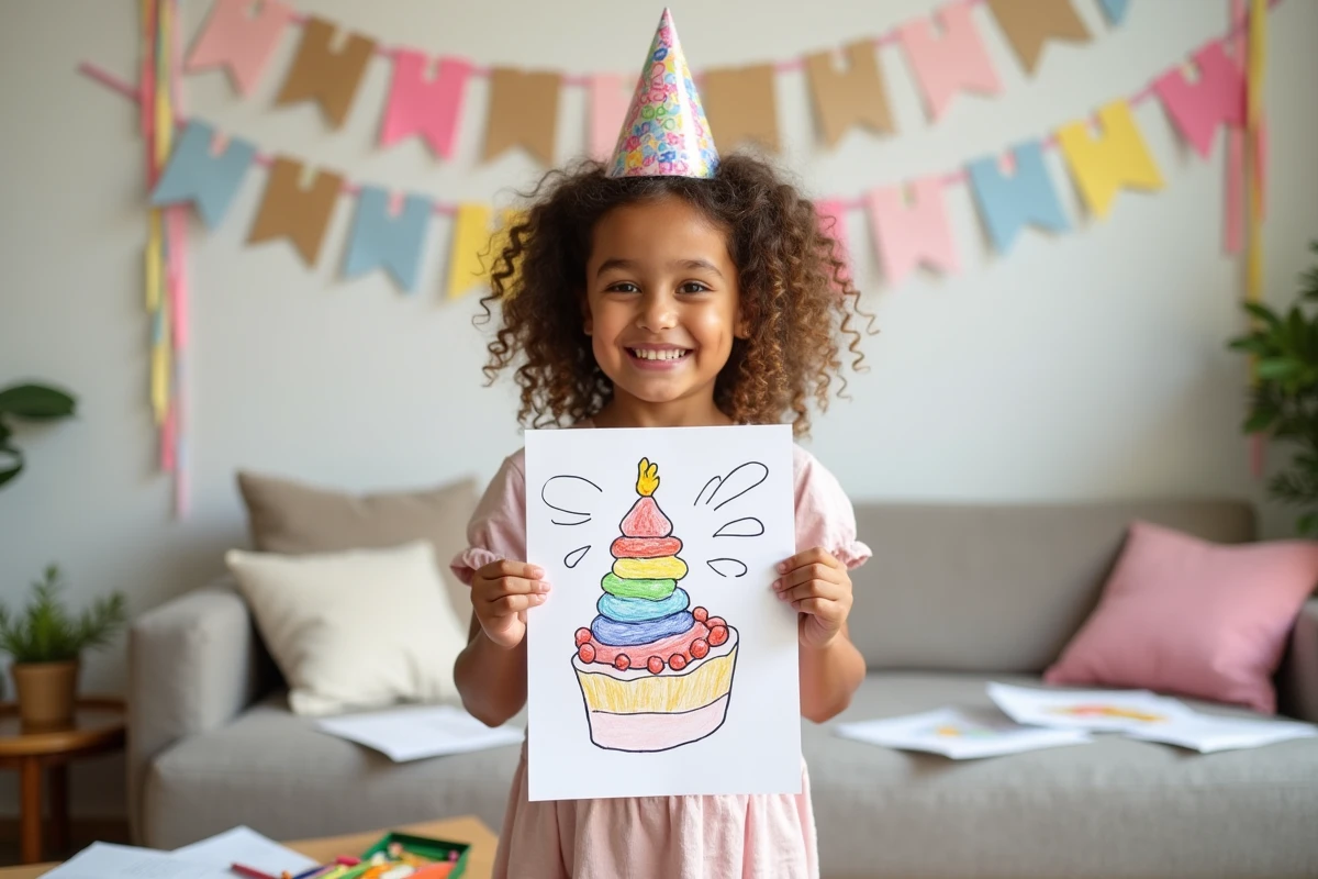 Jeune fille fiere montrant son dessin colorie lors d