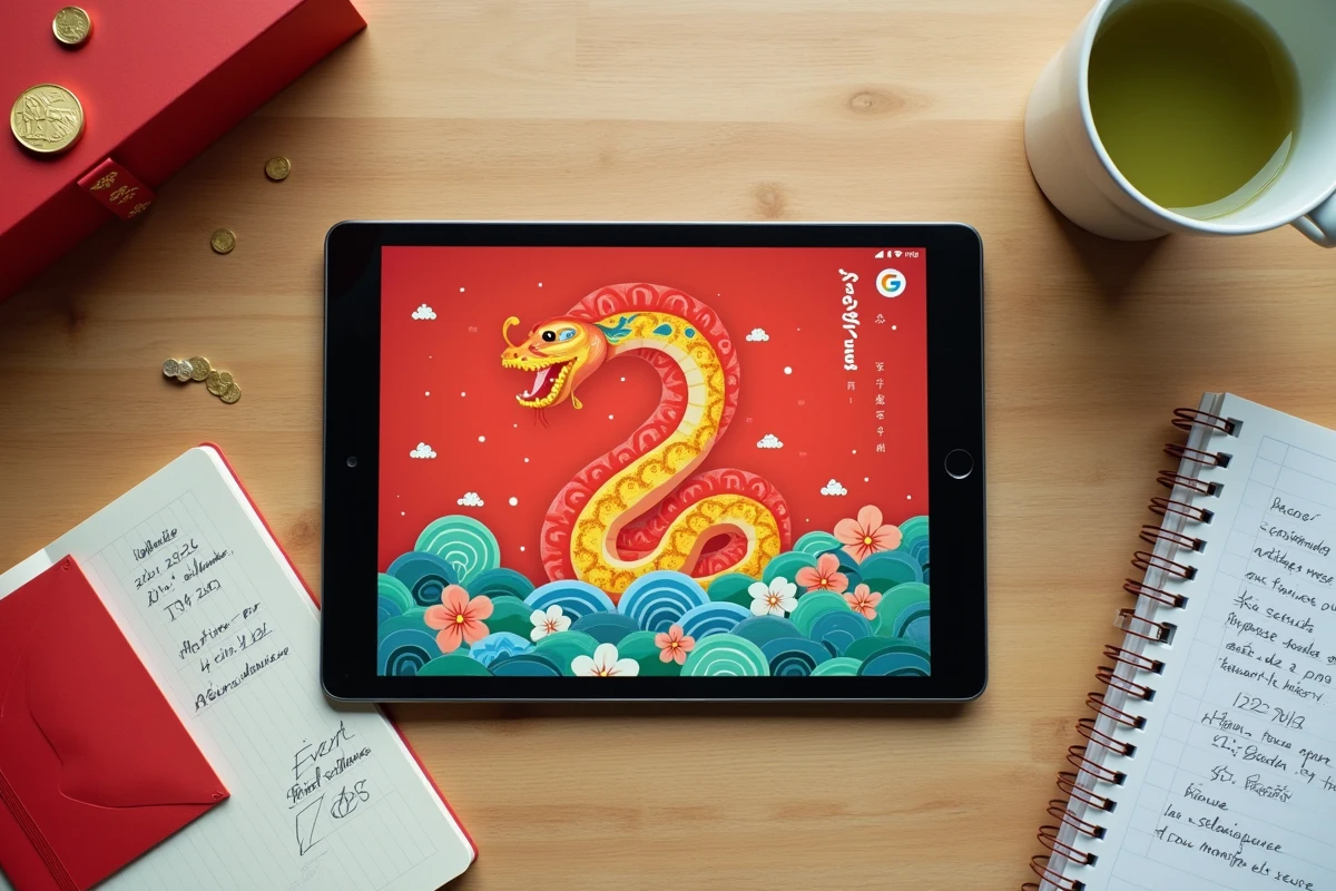 Vue aérienne d'une tablette affichant le jeu Google Doodle Année du Serpent entourée de décorations Nouvel An chinois