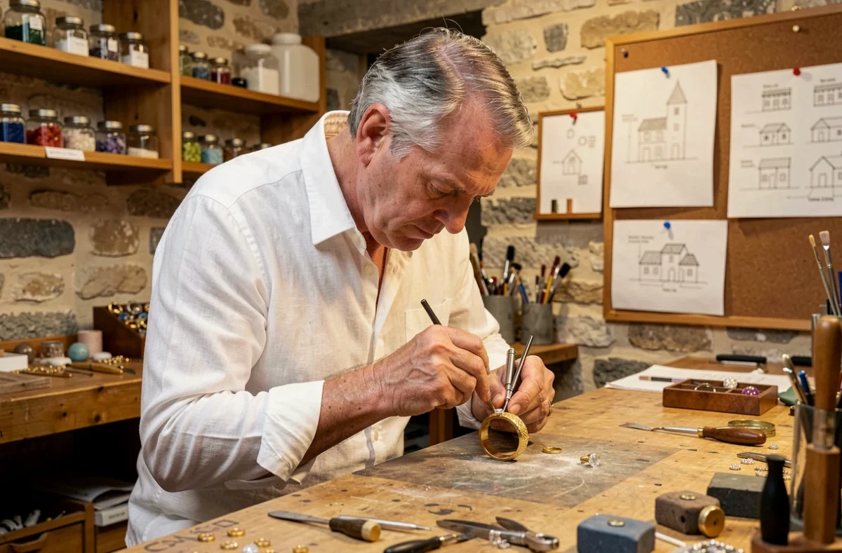 Maître joaillier au travail dans son atelier sur-mesure à Toulouse, sertissant un diamant dans une bague en or avec des outils de précision