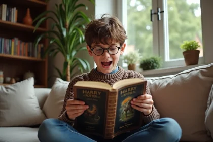 Jeune garçon curieux ouvre un livre Harry Potter