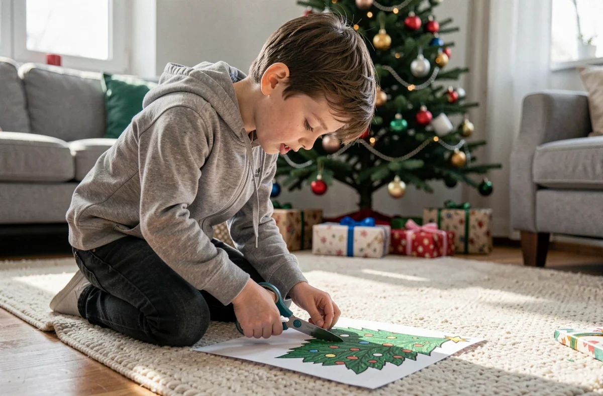 Garçon découpant un dessin de Noël imprimé représentant un sapin, agenouillé sur un tapis de salon décoré pour les fêtes