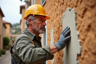 Professionnel rénovant une façade dans le sud de la France
