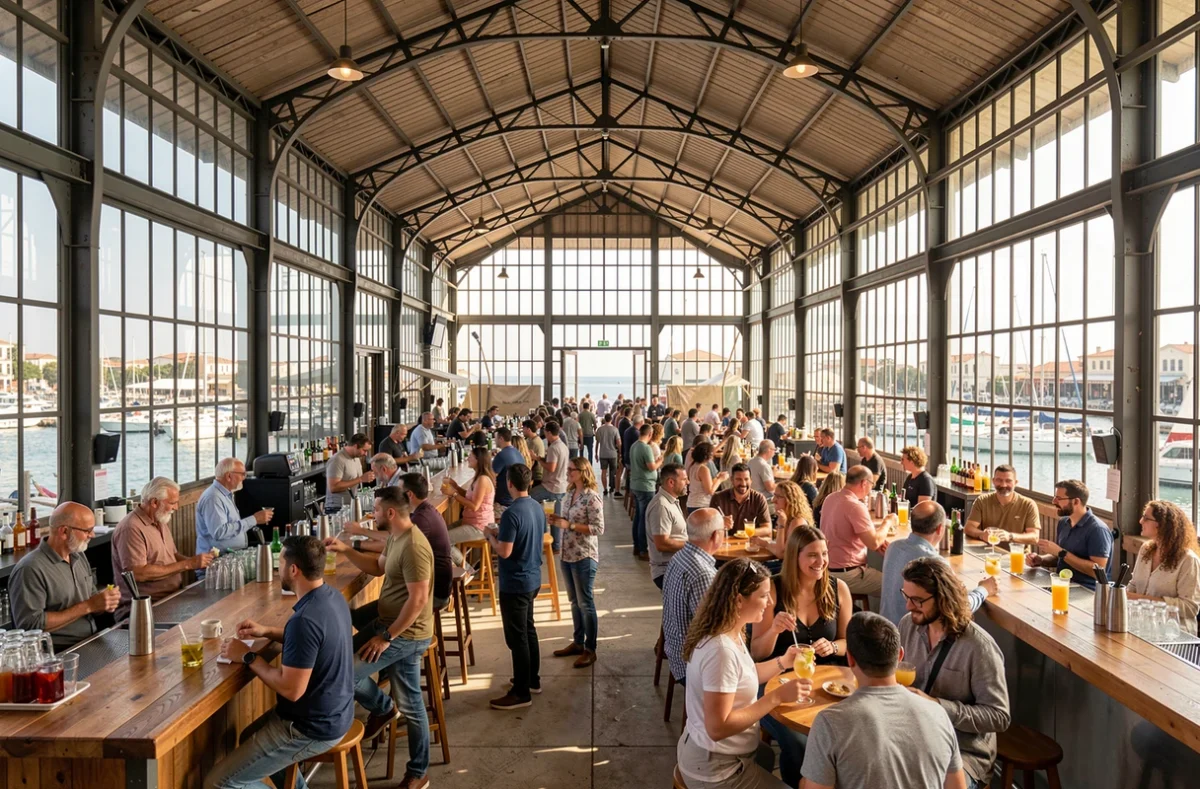 Grande halle animée des Grandes Halles du Vieux-Port de Marseille avec vue sur le port