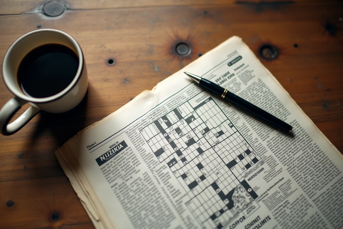 Grille de mots croisés en gros plan avec un indice sur une ville du Nevada en 4 lettres posée sur une table en bois
