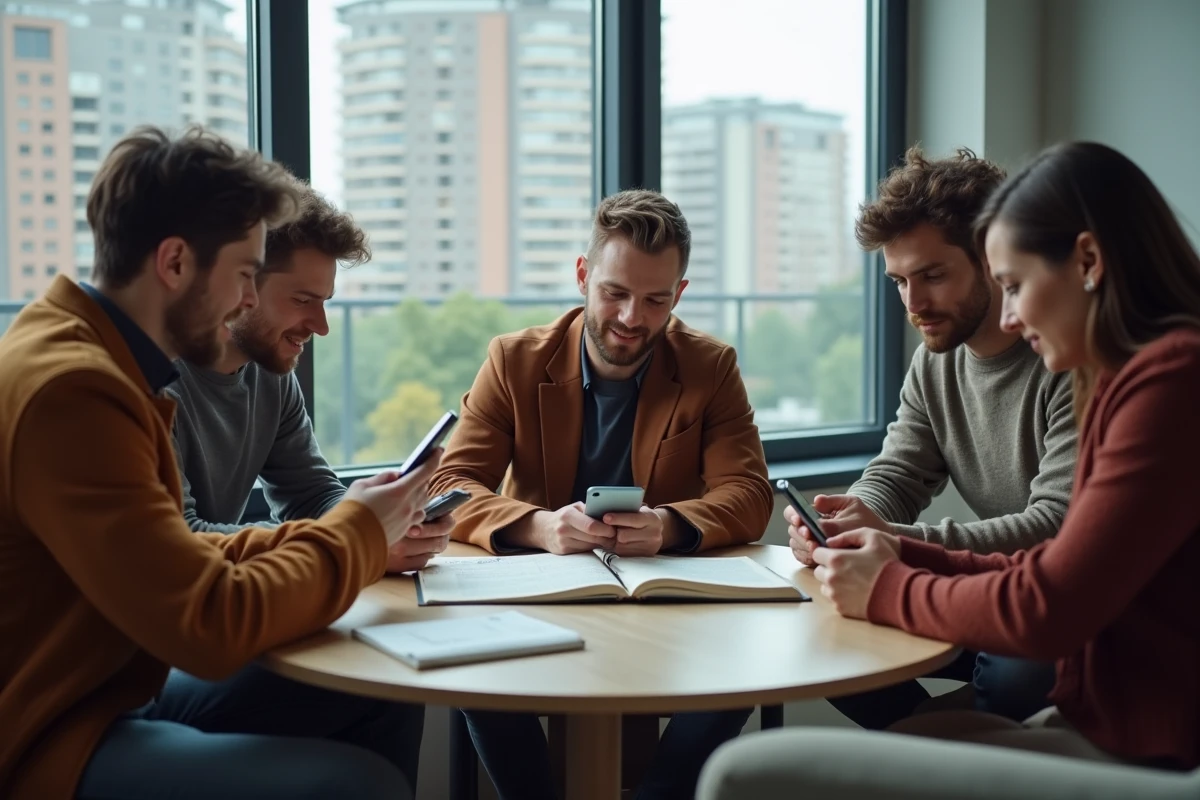 Groupe d adultes discutant autour d une table avec smartphones