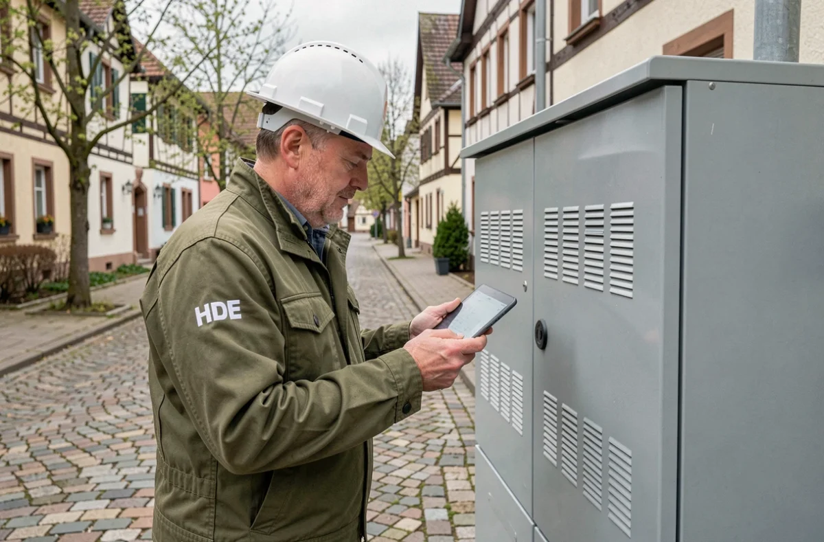 Un technicien de HDE Haessely David Électricité inspectant un coffret de distribution en extérieur dans une rue de Colmar