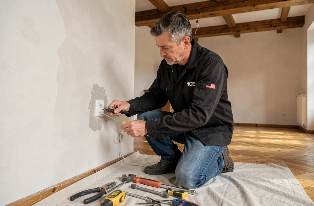 Un électricien de Heidmann Cedric Électricité HCE posant une prise murale dans une maison alsacienne rénovée à Colmar