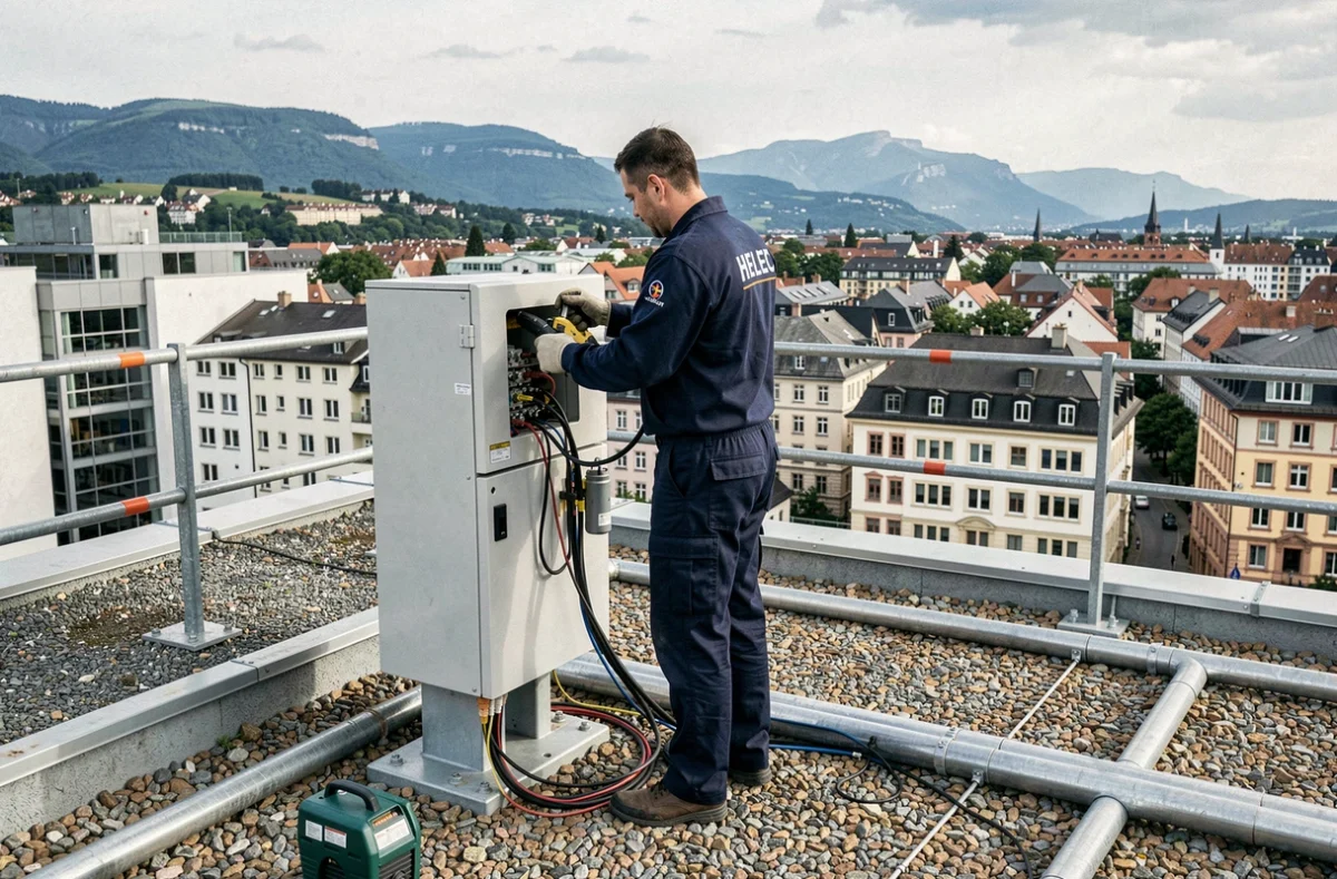 Un technicien Helec travaillant sur un raccordement électrique en toiture avec le panorama de Colmar en arrière-plan