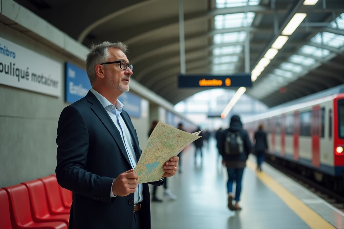 Homme d affaires regardant les panneaux du métro de Toulouse