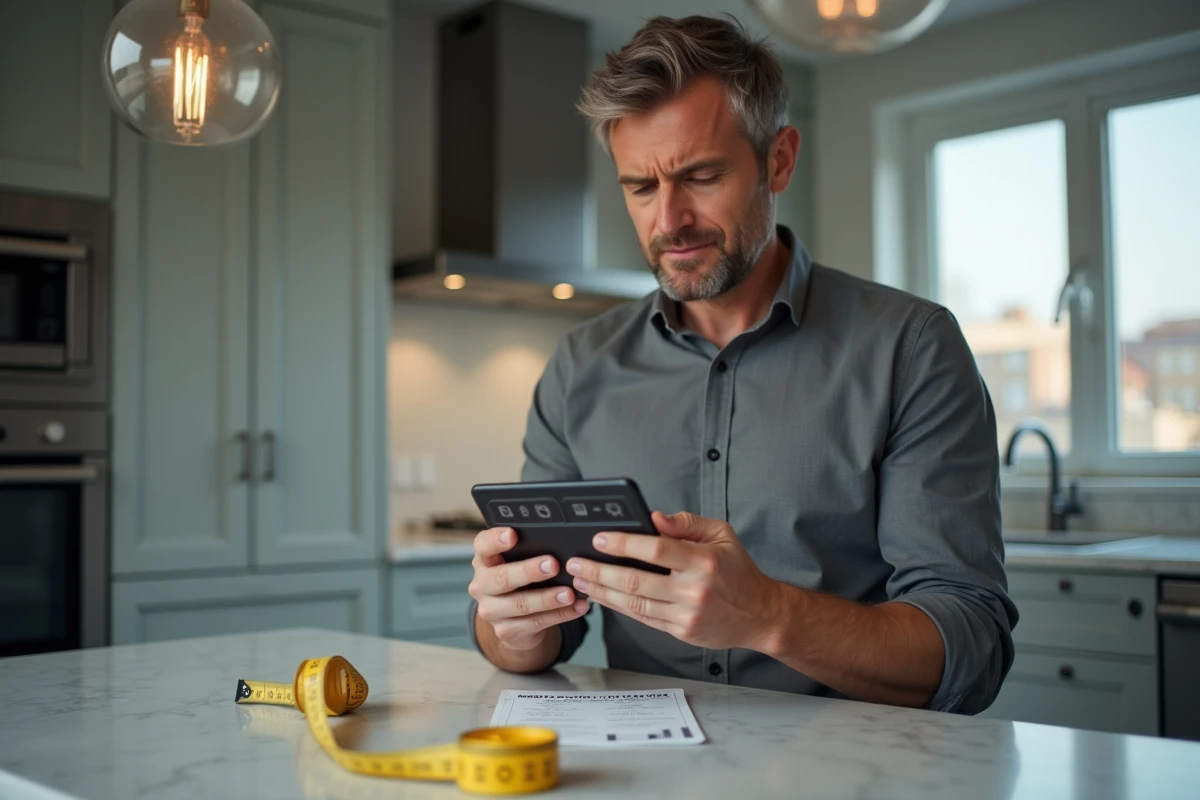 Homme consultant une application de conversion pieds centimètres sur smartphone dans une cuisine moderne