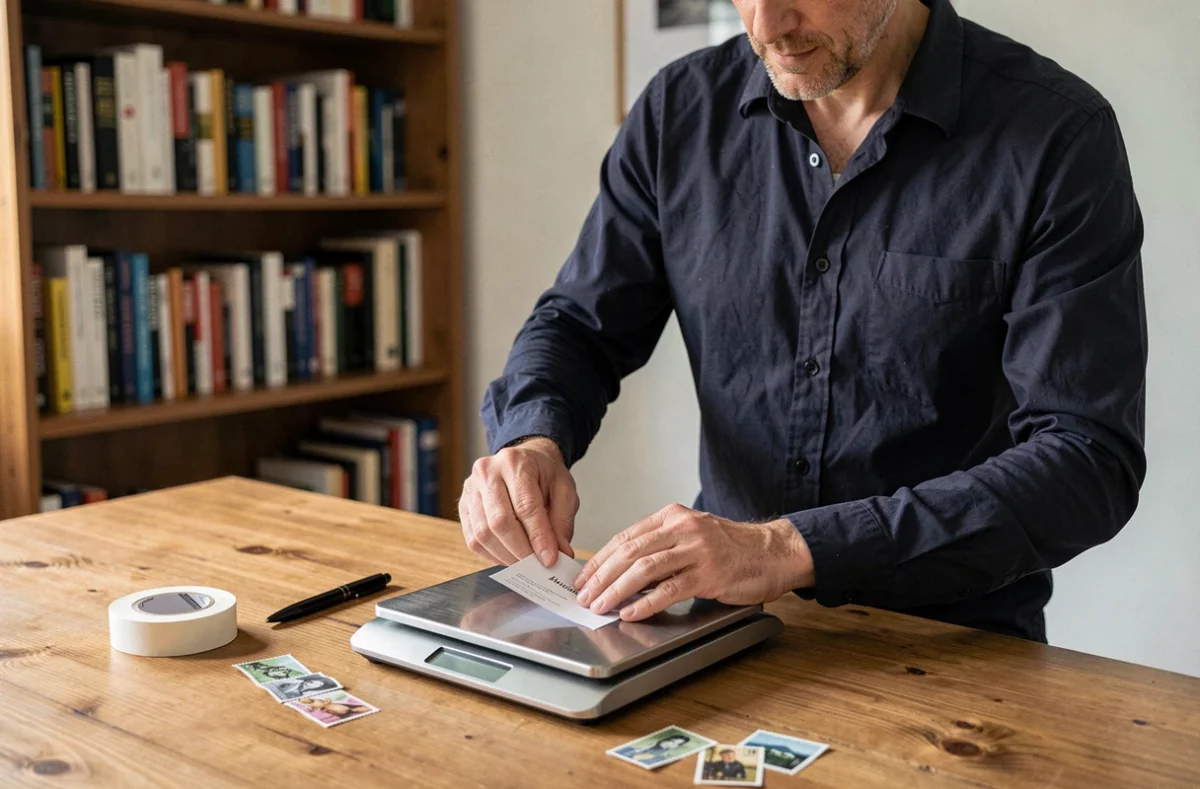 Homme préparant son courrier et pesant une enveloppe sur une balance numérique pour un timbre