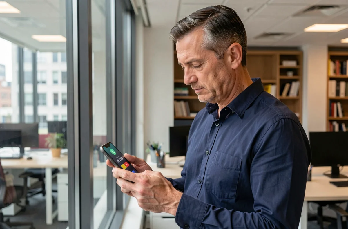Homme en bureau vérifiant un appel manqué d'un numéro de portable 06 inconnu sur son smartphone