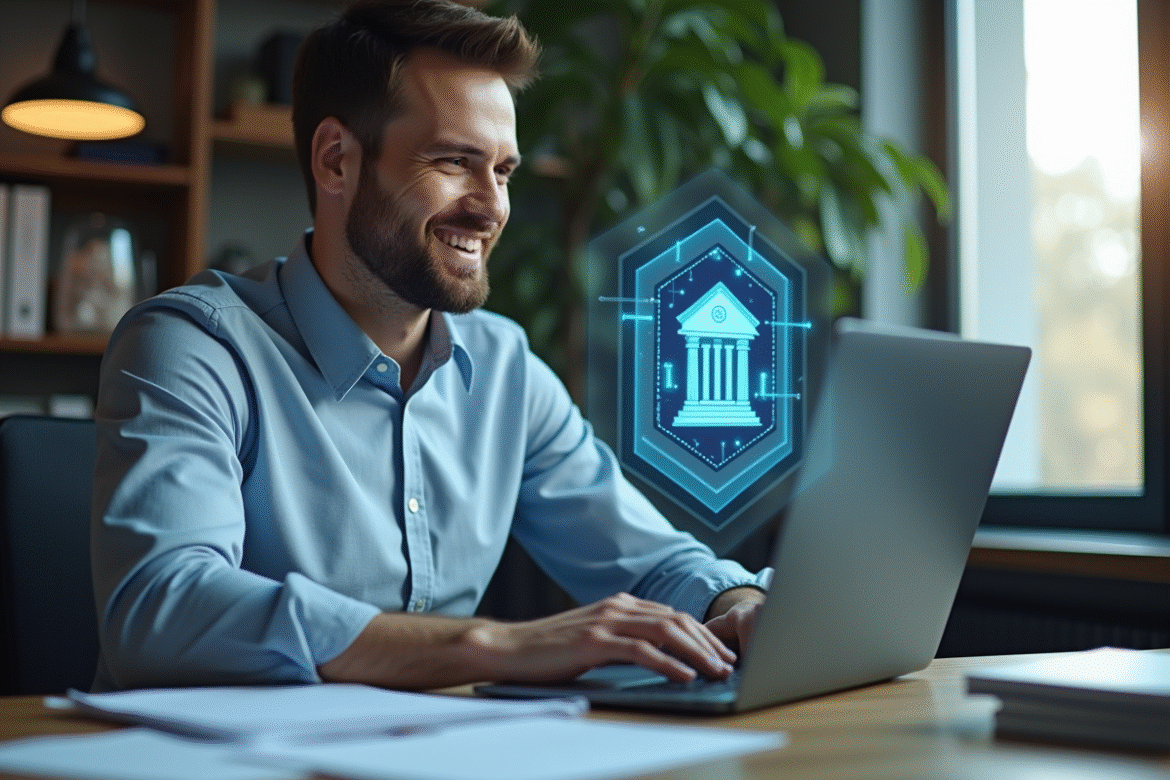 Homme souriant regardant son ordinateur avec icône blockchain