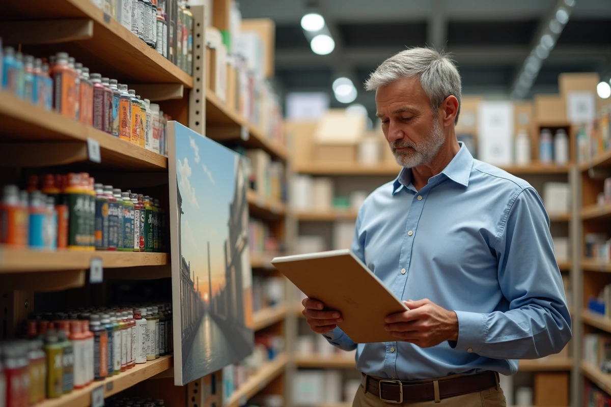 Homme examinant un kit peinture par numeros en magasin d