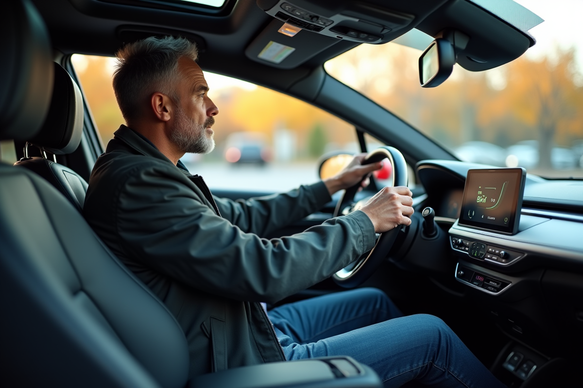 Homme dans la voiture hybride regardant le tableau de bord