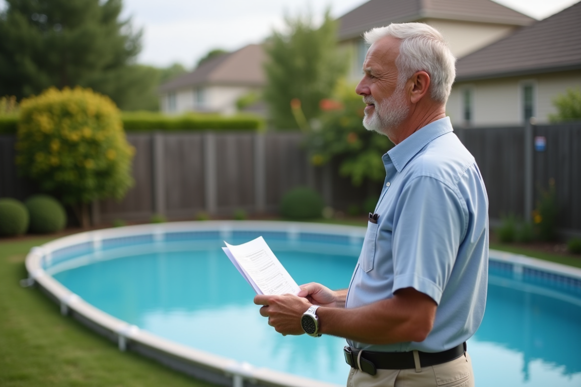 Homme d'âge moyen près d'une piscine hors sol dans un jardin